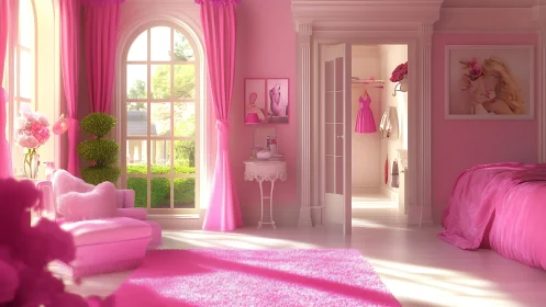 Monochromatic pink bedroom interior with dressing area.