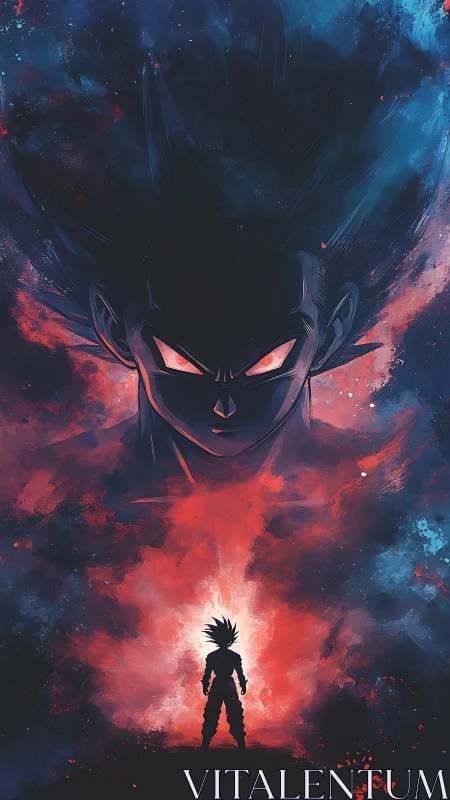 Saiyan warrior silhouette faces cosmic fiery titan gaze.