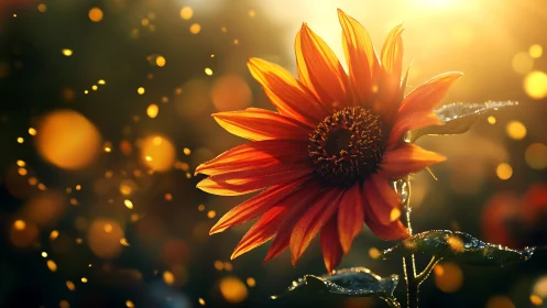 Single orange sunflower photographed in strong backlighting