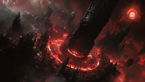 Massive orbital megastructure descends into molten red nexus