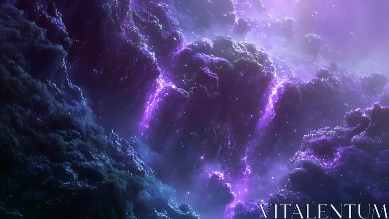 Luminescent nebular cliffs with cascading purple plasma flows.