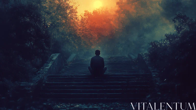 Silhouette meditates on stone steps beneath burning sky.