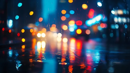 Neon city lights shimmer through rain on a reflective street