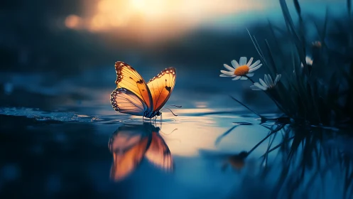 Vibrant butterfly near daisy by water at sunset, dreamy style.
