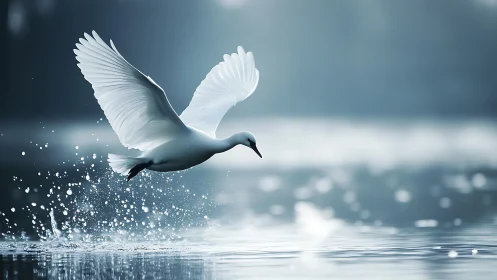Graceful white heron taking flight over tranquil lake at dawn.