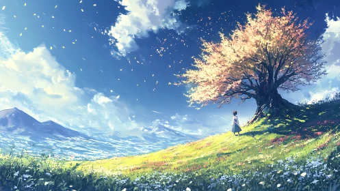 Girl beneath luminous blossom tree on sunlit hillside.