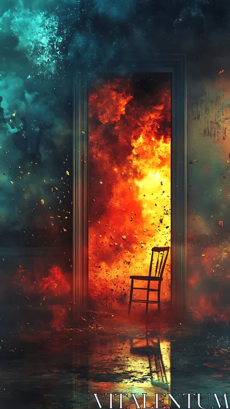 Solitary Chair Confronts Inferno Through Dimensional Doorway