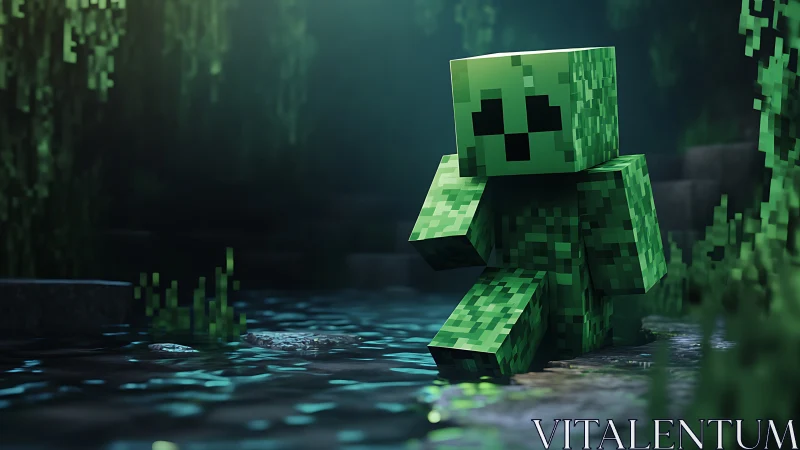 Voxel creeper entity in reflective cave biome environment.