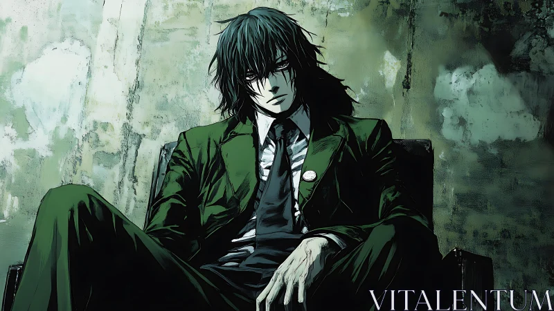 Brooding man in green suit seated against stained wall.