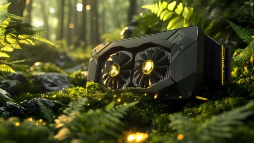 Powerful gaming GPU in lush forest, cinematic lighting and detail.