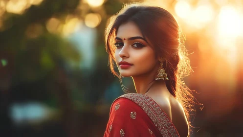 Elegant Indian Woman in Red Saree at Sunset, Portrait Style.
