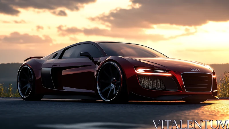 Sleek red sports car glows against a dramatic sunset sky