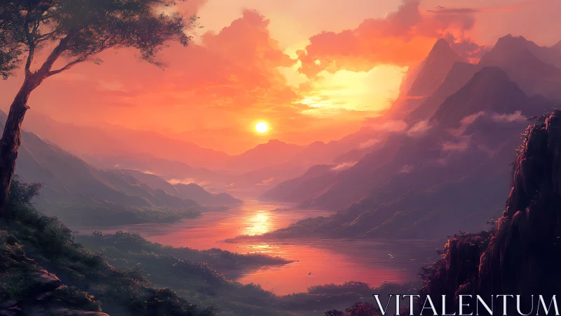 Radiant mountain sunset over tranquil misty valley lake.