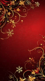 Metallic floral filigree on crimson textured background.