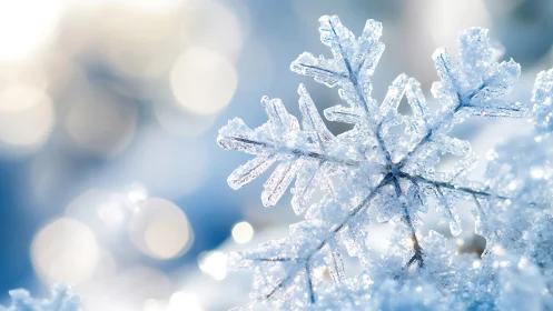 Macro view of crystalline snowflake on soft blue background.