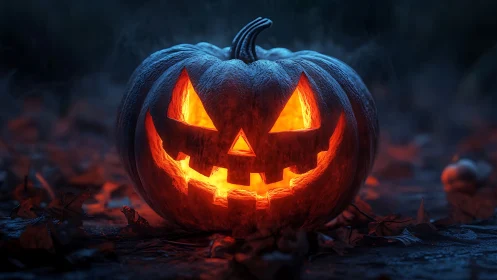Jack o lantern grins wickedly through swirling autumn fog