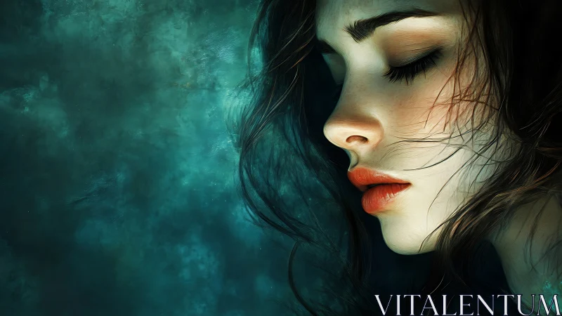 Silent profile of a young woman in teal dreamscape.