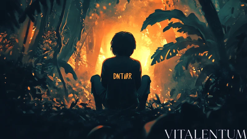 Silhouette Jungle Figure Against Blazing Fire