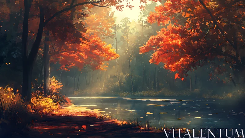 Autumn's Luminous Cathedral: Where Crimson Branches Kiss the Mist.