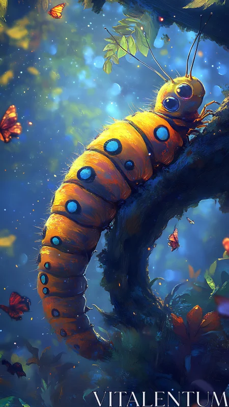 Luminescent arboreal caterpillar in bioluminescent forest scene.