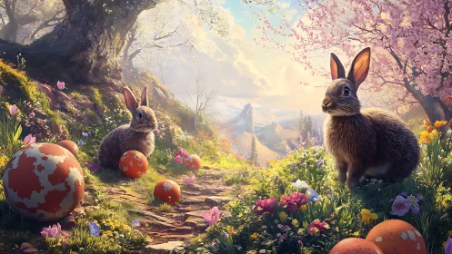Curious springtime bunnies exploring a magical flower path.