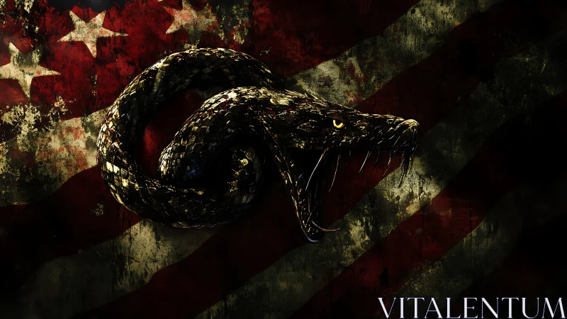 Coiled venomous serpent over distressed grunge flag backdrop