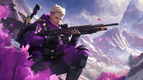 Confident sniper resting among vibrant mountain blossoms.