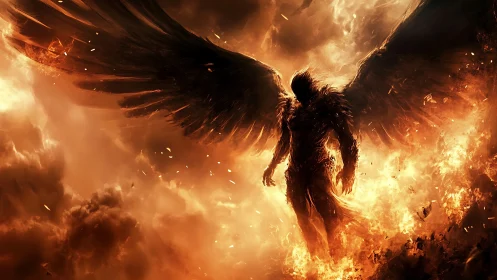 Fallen angel silhouette strides through blazing inferno sky