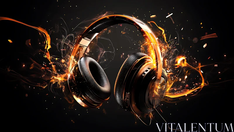 Over-ear headphones with orange light trails on black field.