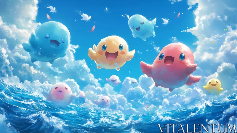 Colorful round creatures floating over bright ocean sky.