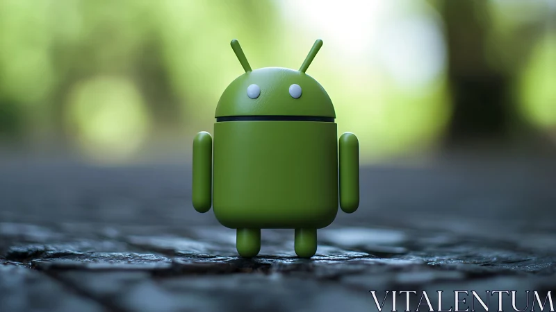 Green android mascot rendered as shallow depth-of-field 3D figure