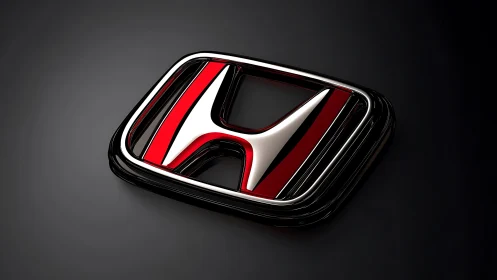 Chromed red emblem is presented on a dark gradient background