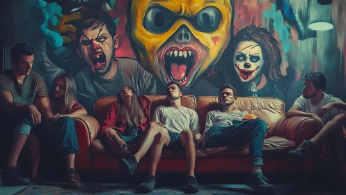 Moody friends on sofa under chaotic horror graffiti wall.