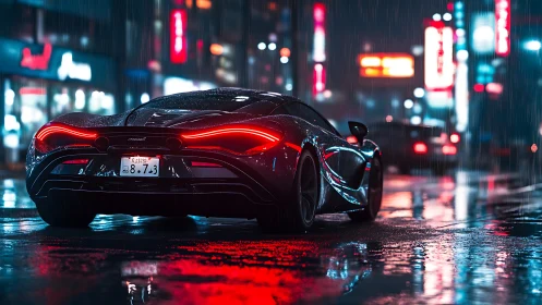 Supercar rear view parked on wet neon city street at night