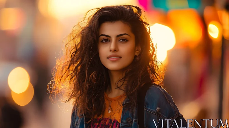 Golden hour city portrait with softly glowing bokeh lights.