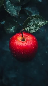Red apple with leaf against dark blurred background.