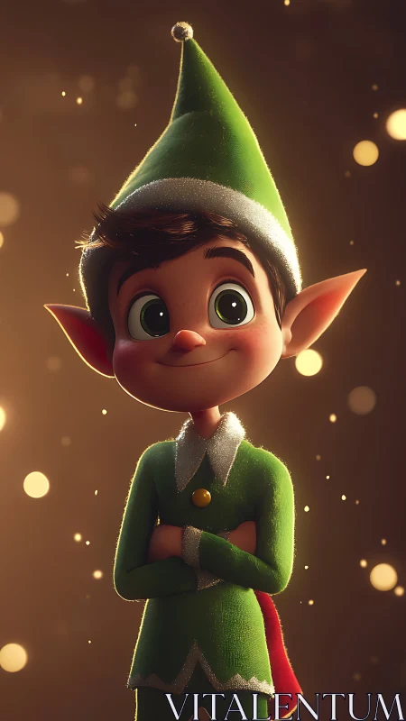 Spark-eyed Christmas elf grins beneath twinkling golden glow.