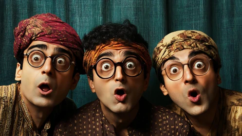 Surprised trio in patterned turbans with round glasses.