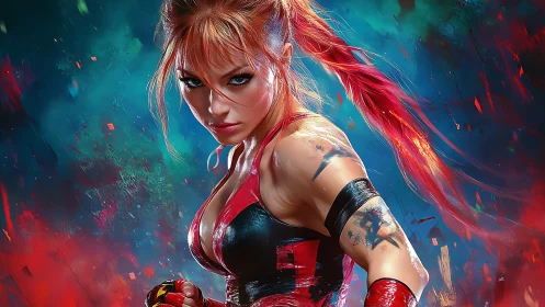 Dynamic cyberpunk heroine portrait in vivid digital painting.