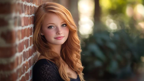 Shallow depth portrait of red haired woman by brick wall outdoors