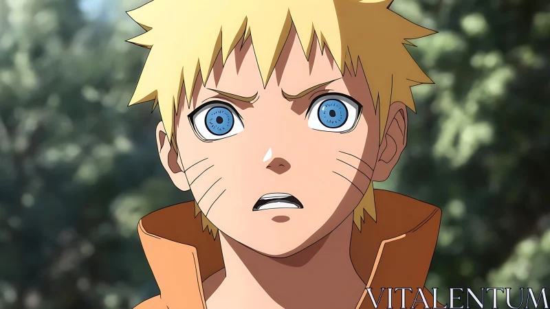 Blond anime youth in orange jacket with intense blue gaze.