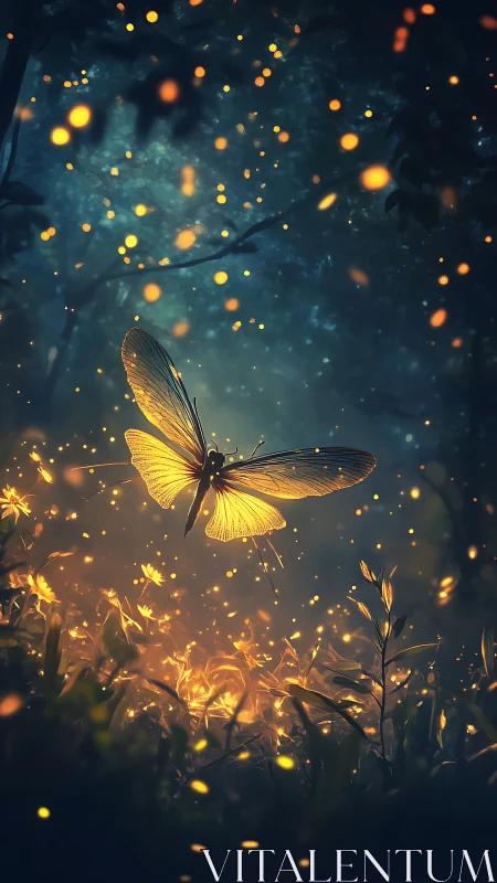 Glowing butterfly ascends through a firefly-lit twilight forest.