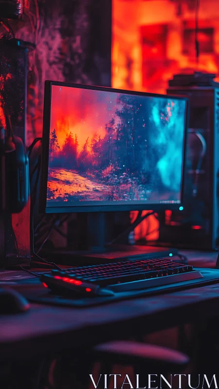 Gaming desktop with vivid monitor in red blue lighting.