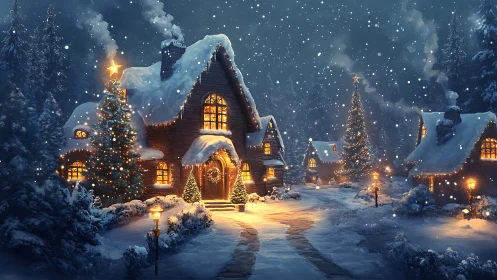 Snowy village cottage with glowing Christmas lights at night.