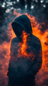 Hooded silhouette shrouded in blazing surreal flames.