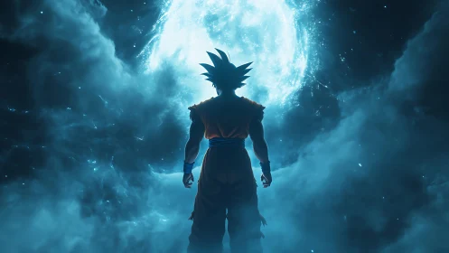 Heroic fighter bathed in glowing cosmic moonlight.