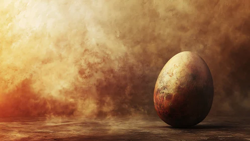 Weathered egg structure illuminated by warm volumetric backlight