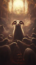 Majestic horned ram ascends a radiant celestial throne.
