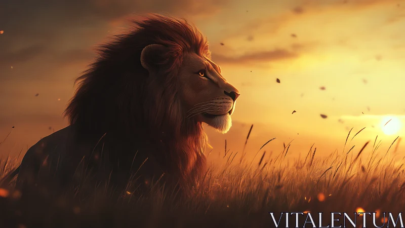 Sunset monarch lion brooding over emberlit savanna horizon.
