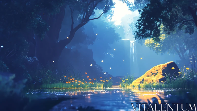 Enchanted forest glade shimmers beside a tranquil stream.